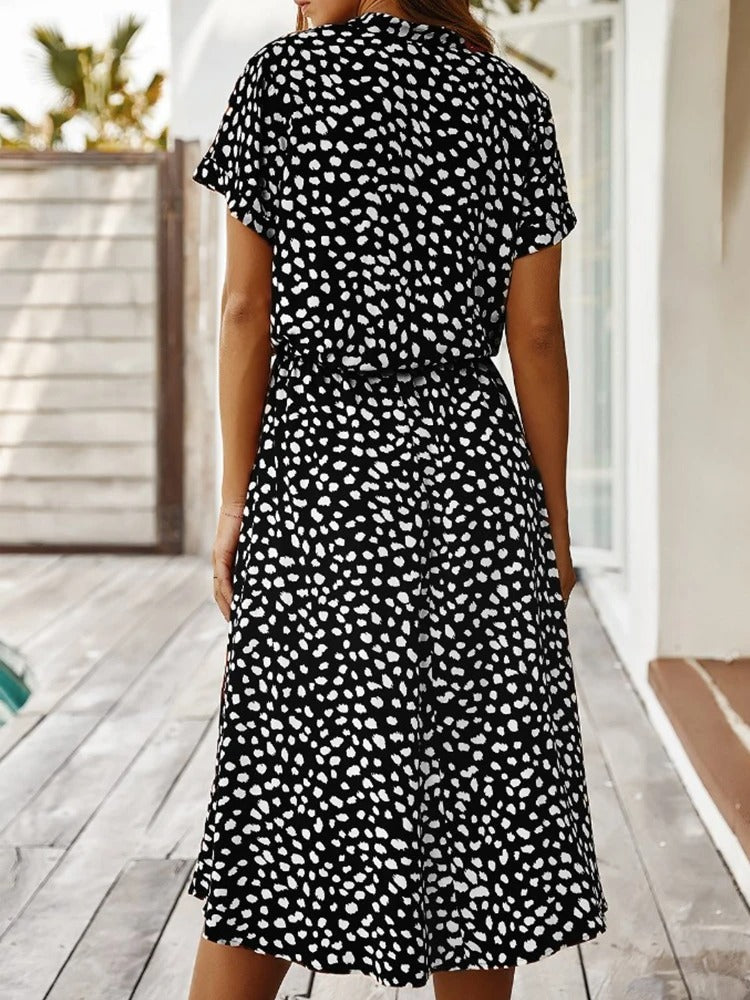 Ulvienne Summer Dress for Women – Short-Sleeve Midi Dress with Waist Belt & Trendy Print