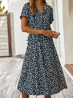 Ulvienne Summer Dress for Women – Short-Sleeve Midi Dress with Waist Belt & Trendy Print