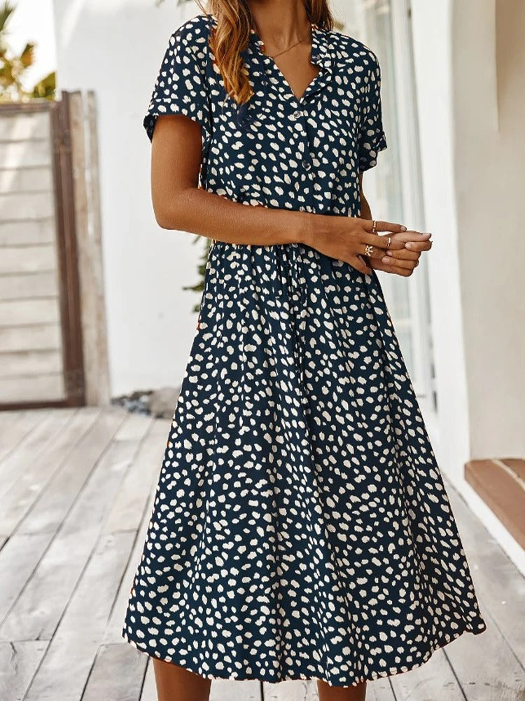 Ulvienne Summer Dress for Women – Short-Sleeve Midi Dress with Waist Belt & Trendy Print