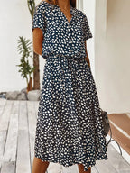 Ulvienne Summer Dress for Women – Short-Sleeve Midi Dress with Waist Belt & Trendy Print