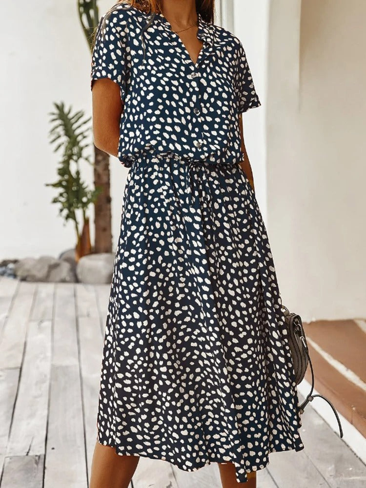 Ulvienne Summer Dress for Women – Short-Sleeve Midi Dress with Waist Belt & Trendy Print