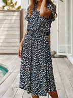 Ulvienne Summer Dress for Women – Short-Sleeve Midi Dress with Waist Belt & Trendy Print