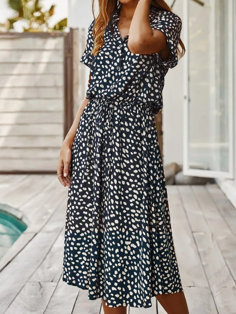 Ulvienne Summer Dress for Women – Short-Sleeve Midi Dress with Waist Belt & Trendy Print