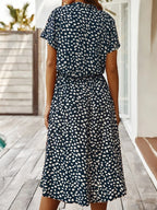 Ulvienne Summer Dress for Women – Short-Sleeve Midi Dress with Waist Belt & Trendy Print
