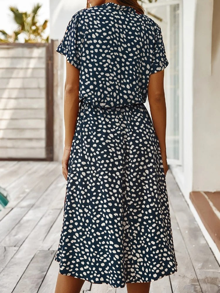 Ulvienne Summer Dress for Women – Short-Sleeve Midi Dress with Waist Belt & Trendy Print