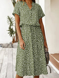 Ulvienne Summer Dress for Women – Short-Sleeve Midi Dress with Waist Belt & Trendy Print