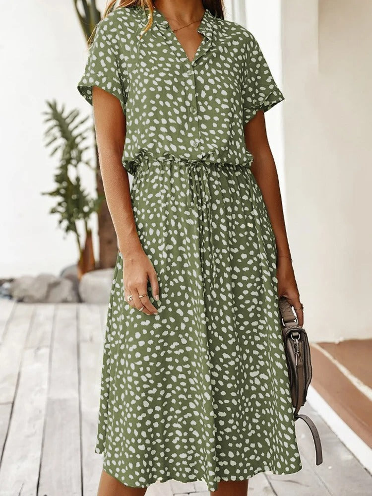 Ulvienne Summer Dress for Women – Short-Sleeve Midi Dress with Waist Belt & Trendy Print