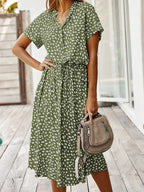 Ulvienne Summer Dress for Women – Short-Sleeve Midi Dress with Waist Belt & Trendy Print