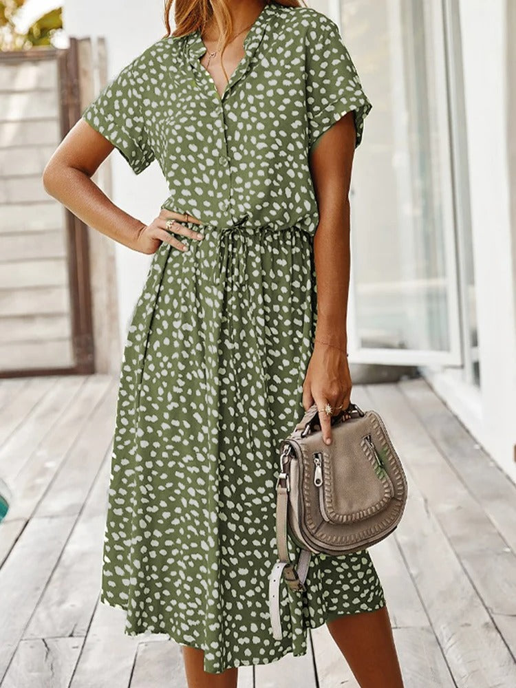 Ulvienne Summer Dress for Women – Short-Sleeve Midi Dress with Waist Belt & Trendy Print