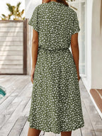 Ulvienne Summer Dress for Women – Short-Sleeve Midi Dress with Waist Belt & Trendy Print