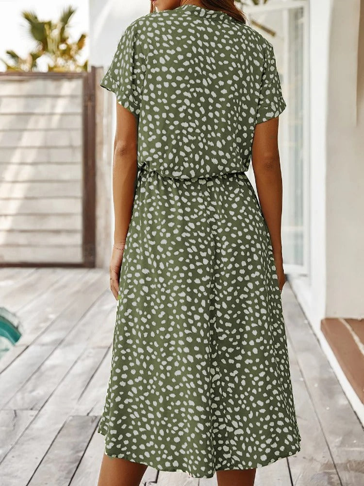 Ulvienne Summer Dress for Women – Short-Sleeve Midi Dress with Waist Belt & Trendy Print