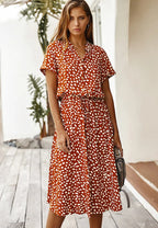 Ulvienne Summer Dress for Women – Short-Sleeve Midi Dress with Waist Belt & Trendy Print