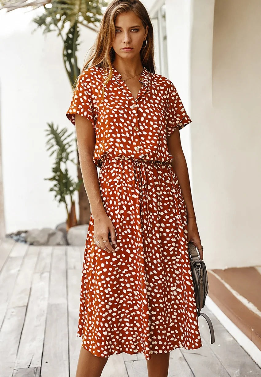 Ulvienne Summer Dress for Women – Short-Sleeve Midi Dress with Waist Belt & Trendy Print