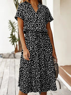 Ulvienne Summer Dress for Women – Short-Sleeve Midi Dress with Waist Belt & Trendy Print