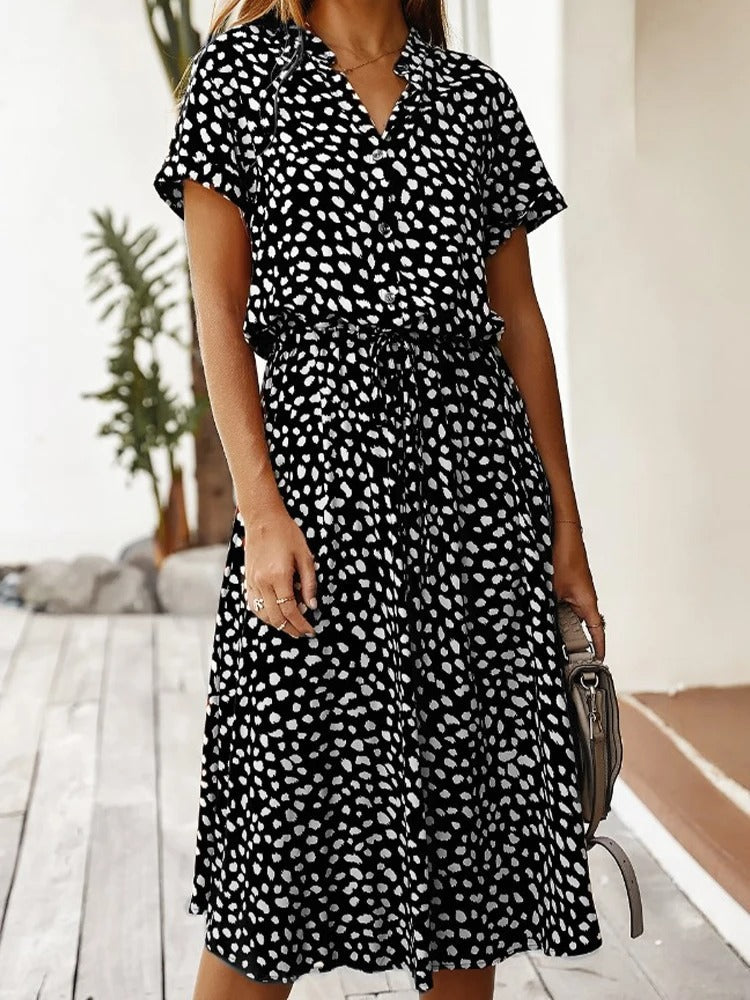 Ulvienne Summer Dress for Women – Short-Sleeve Midi Dress with Waist Belt & Trendy Print