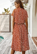 Ulvienne Summer Dress for Women – Short-Sleeve Midi Dress with Waist Belt & Trendy Print