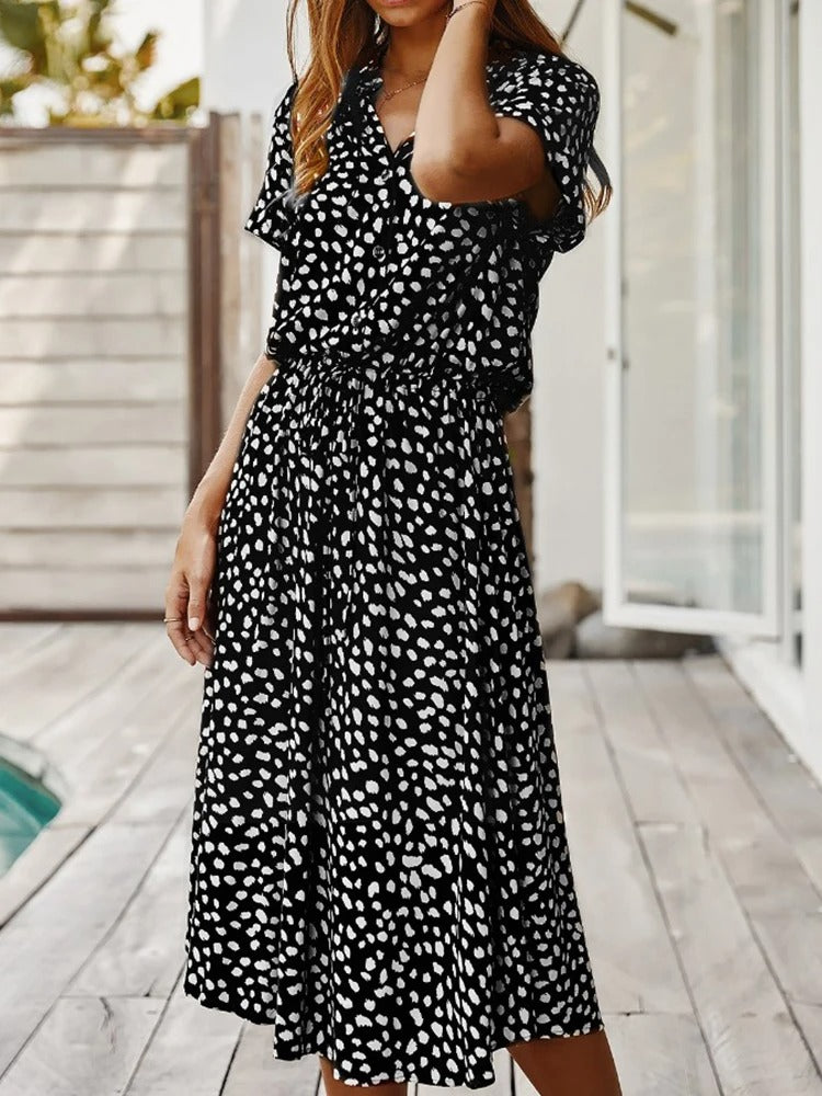 Ulvienne Summer Dress for Women – Short-Sleeve Midi Dress with Waist Belt & Trendy Print