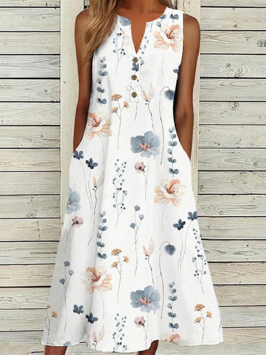 Dorothy Summer Dress for Women – White Floral Print, Sleeveless, V-Neck & Relaxed Midi Length