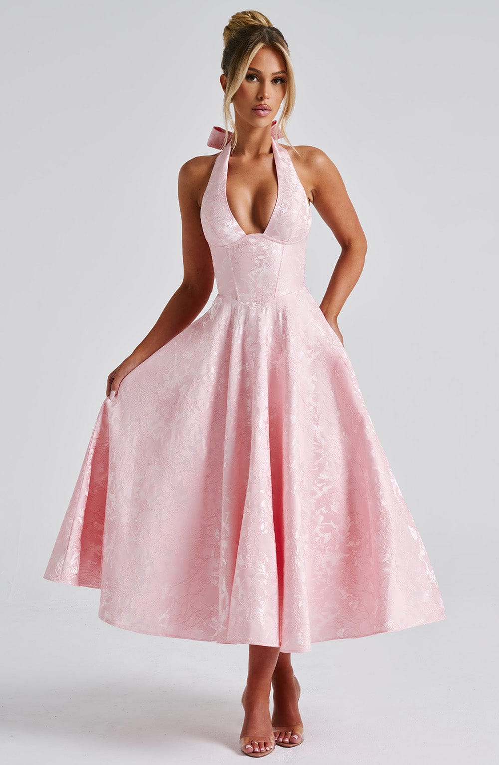 Iris Midi Dress for Women – Backless Floral Jacquard Dress with Fitted Bodice & Flared Skirt
