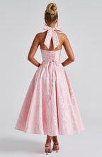 Iris Midi Dress for Women – Backless Floral Jacquard Dress with Fitted Bodice & Flared Skirt