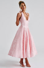 Iris Midi Dress for Women – Backless Floral Jacquard Dress with Fitted Bodice & Flared Skirt