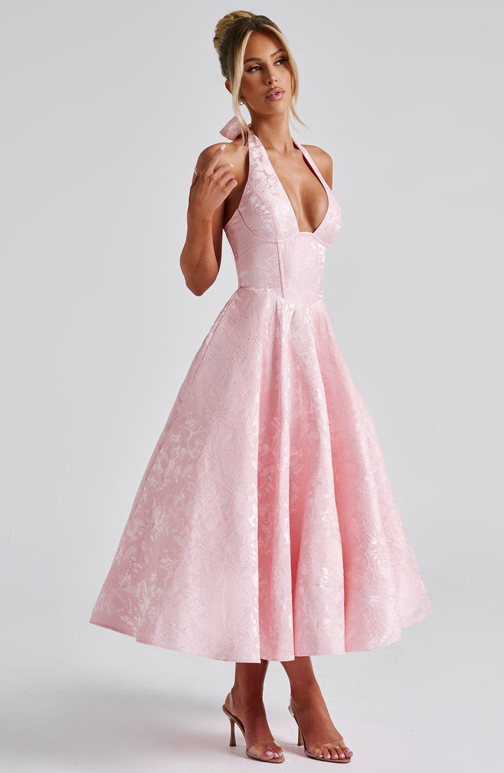 Iris Midi Dress for Women – Backless Floral Jacquard Dress with Fitted Bodice & Flared Skirt