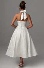 Iris Midi Dress for Women – Backless Floral Jacquard Dress with Fitted Bodice & Flared Skirt