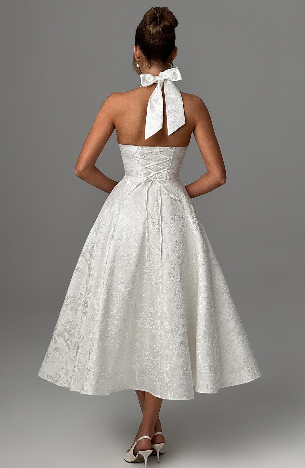 Iris Midi Dress for Women – Backless Floral Jacquard Dress with Fitted Bodice & Flared Skirt
