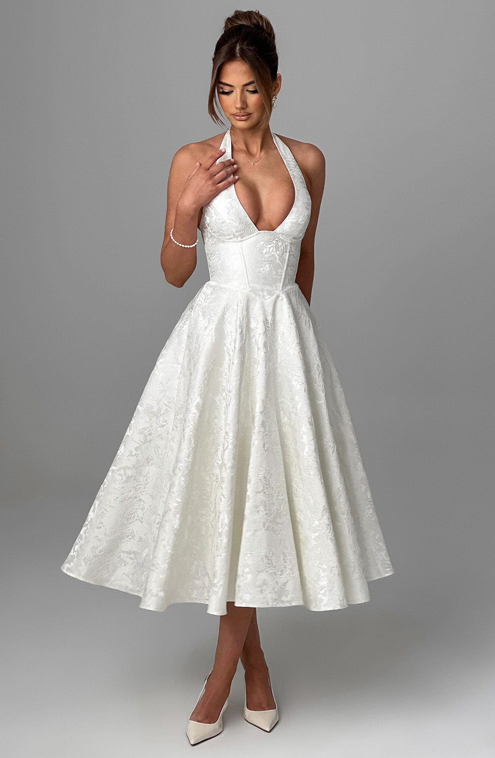 Iris Midi Dress for Women – Backless Floral Jacquard Dress with Fitted Bodice & Flared Skirt