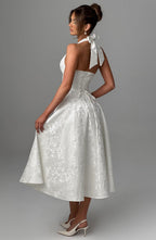 Iris Midi Dress for Women – Backless Floral Jacquard Dress with Fitted Bodice & Flared Skirt