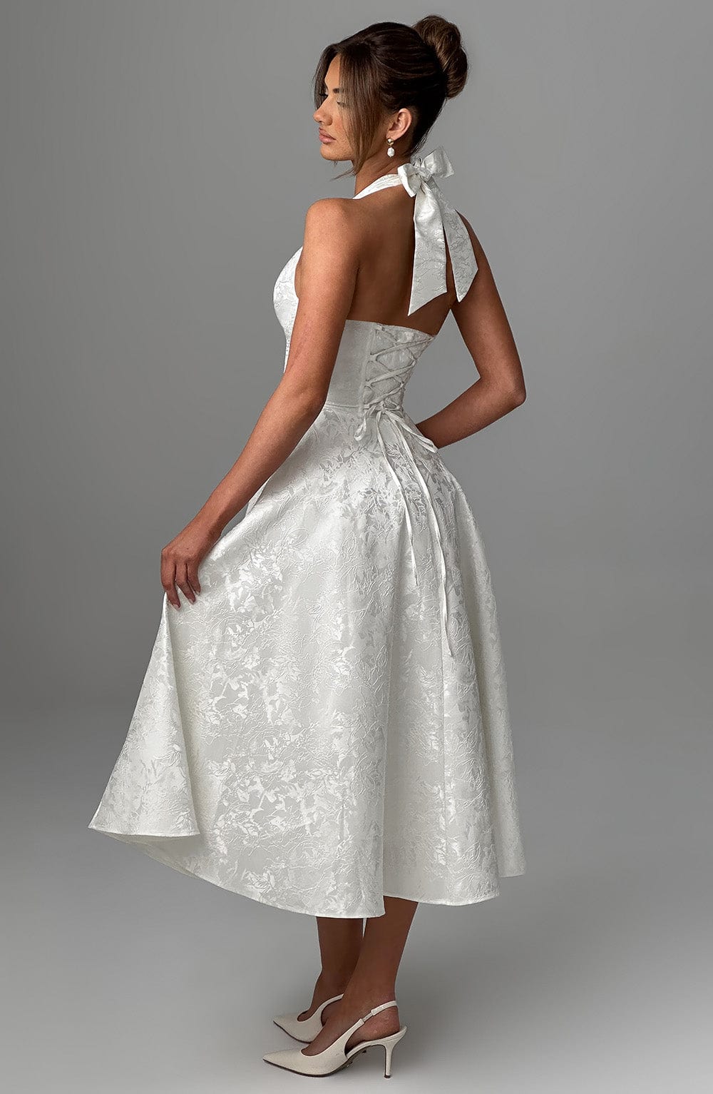 Iris Midi Dress for Women – Backless Floral Jacquard Dress with Fitted Bodice & Flared Skirt