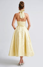 Iris Midi Dress for Women – Backless Floral Jacquard Dress with Fitted Bodice & Flared Skirt
