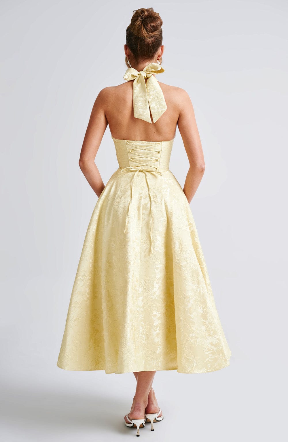 Iris Midi Dress for Women – Backless Floral Jacquard Dress with Fitted Bodice & Flared Skirt