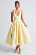 Iris Midi Dress for Women – Backless Floral Jacquard Dress with Fitted Bodice & Flared Skirt