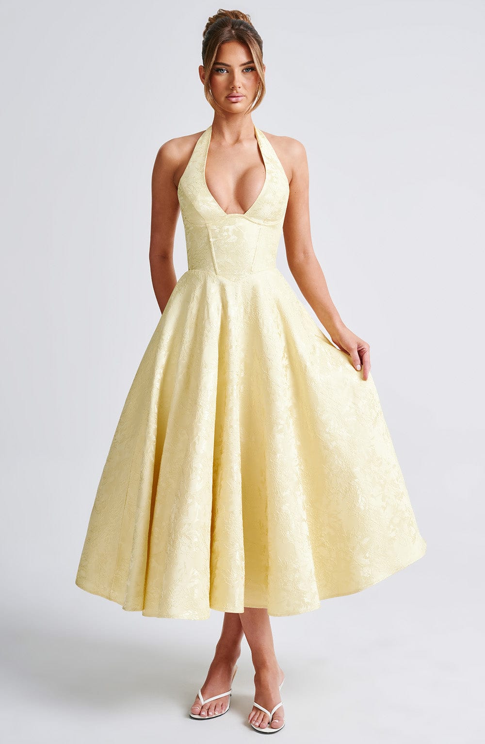 Iris Midi Dress for Women – Backless Floral Jacquard Dress with Fitted Bodice & Flared Skirt