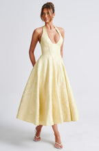 Iris Midi Dress for Women – Backless Floral Jacquard Dress with Fitted Bodice & Flared Skirt