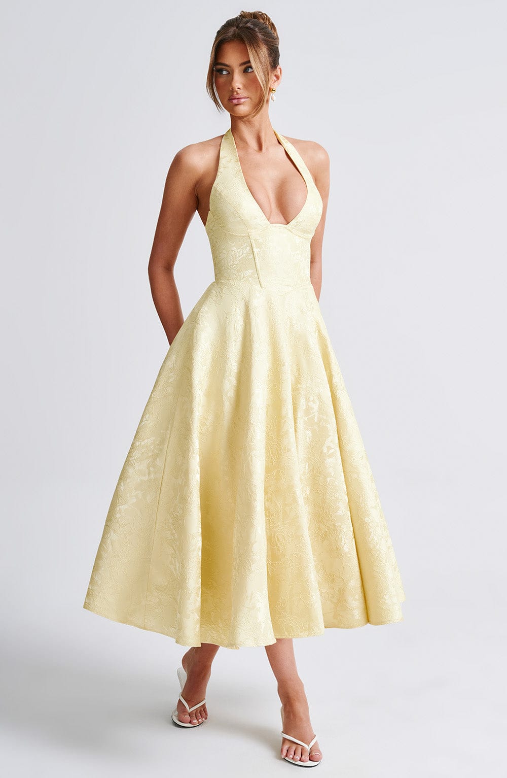 Iris Midi Dress for Women – Backless Floral Jacquard Dress with Fitted Bodice & Flared Skirt
