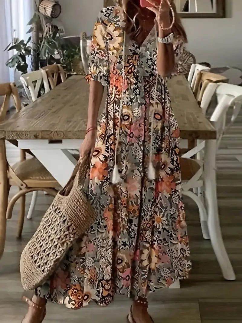 Charm Boho Dress for Women – Elegant Summer Dress with Ruffles, V-Neck & Ikat Pattern