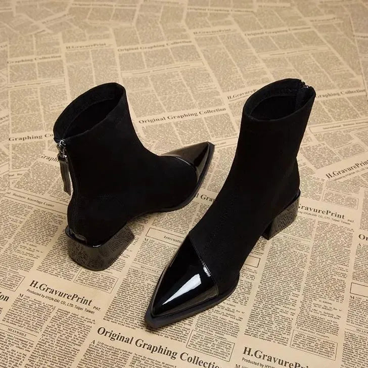 Gracia Ankle Boots for Women – Elegant Suede Boots with Patent Details & Comfortable Block Heel