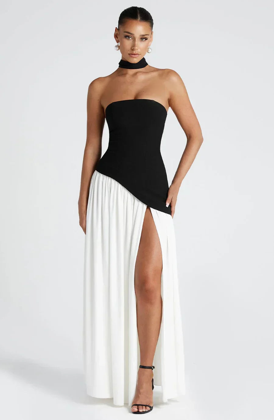 Victoria Long Dress for Women – Two-Tone Bustier Evening Dress with High Slit & Matching Scarf