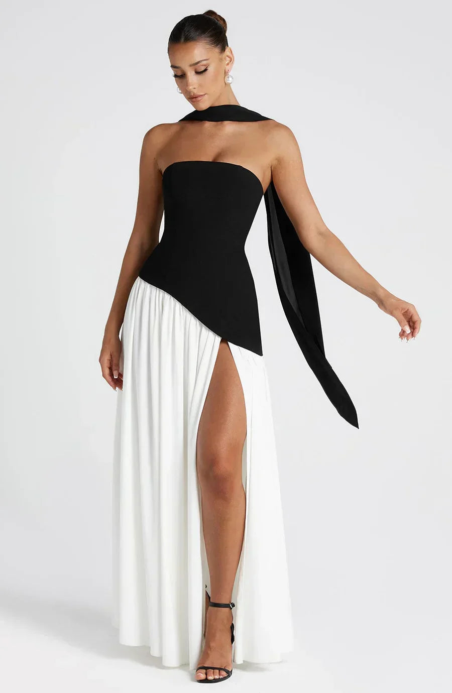 Victoria Long Dress for Women – Two-Tone Bustier Evening Dress with High Slit & Matching Scarf