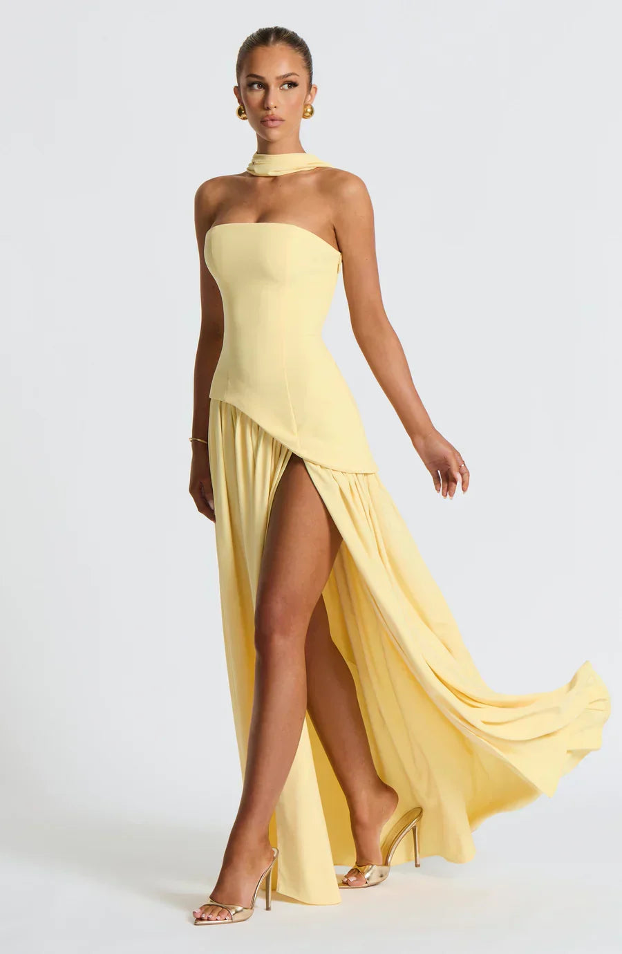 Victoria Long Dress for Women – Two-Tone Bustier Evening Dress with High Slit & Matching Scarf
