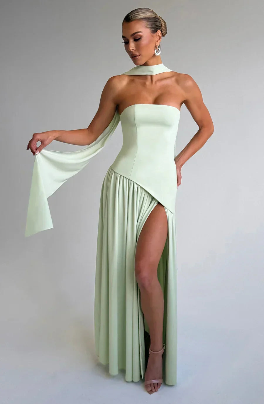 Victoria Long Dress for Women – Two-Tone Bustier Evening Dress with High Slit & Matching Scarf