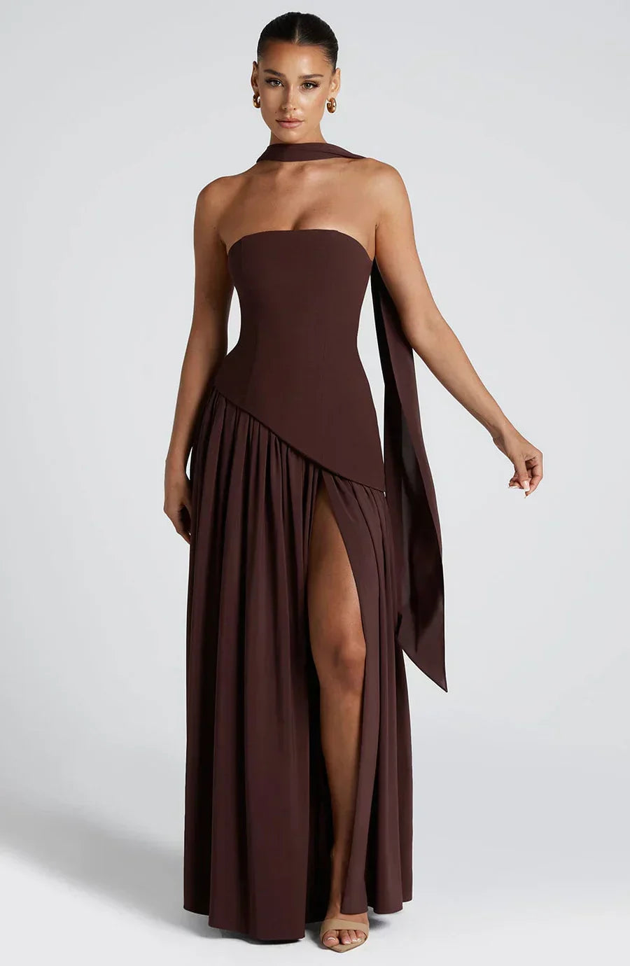Victoria Long Dress for Women – Two-Tone Bustier Evening Dress with High Slit & Matching Scarf