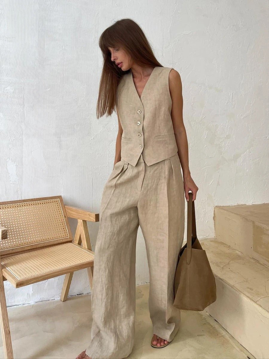 Freya Linen Set for Women – Coordinated Summer Outfit with Sleeveless Vest & Wide Pants in Natural Style