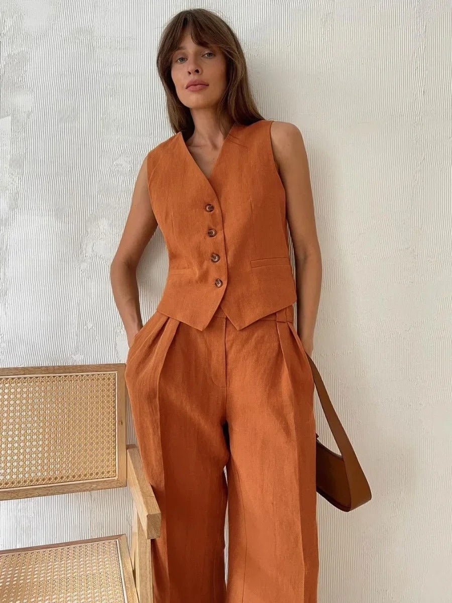 Freya Linen Set for Women – Coordinated Summer Outfit with Sleeveless Vest & Wide Pants in Natural Style