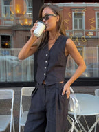 Freya Linen Set for Women – Coordinated Summer Outfit with Sleeveless Vest & Wide Pants in Natural Style