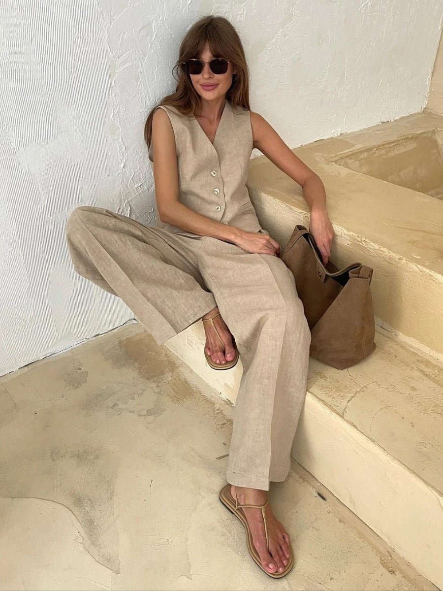 Freya Linen Set for Women – Coordinated Summer Outfit with Sleeveless Vest & Wide Pants in Natural Style