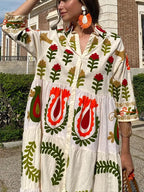 Celia Maxi Dress for Women – Long Cotton Dress with Boho Embroidery & Colorful Details