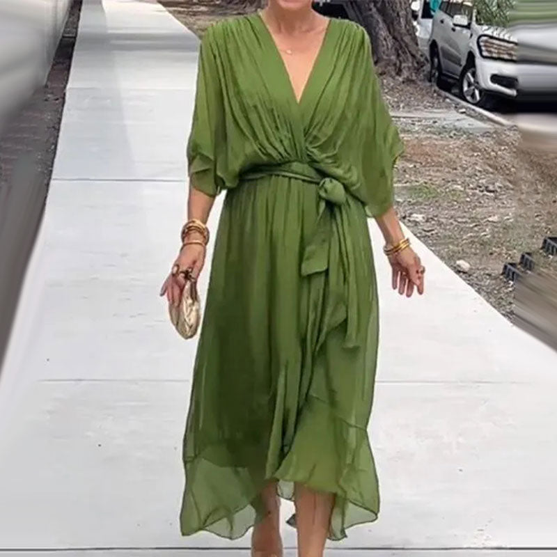 Aceline Wrap Dress for Women – Deep V-Neckline and Waist Belt for an Elegant Flattering Cut